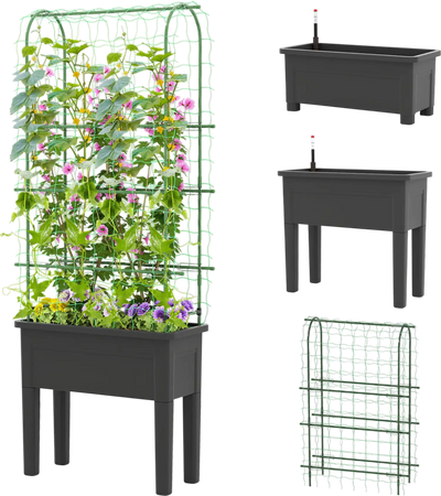Costway Self-Watering Elevated Raised Garden Bed Planter with Climbing Trellis 25974138 New