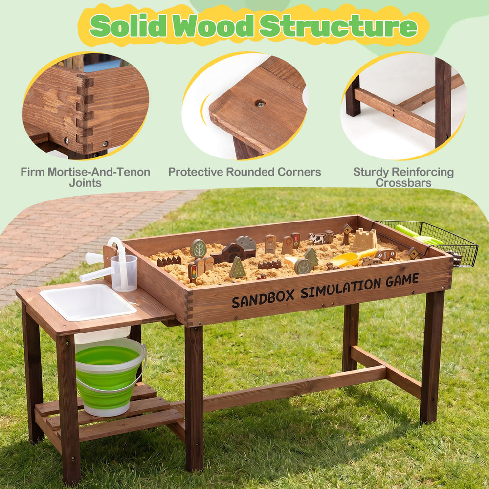 Sensory table with water pump and sink, solid wood structure, includes 33 sand toys for toddlers' outdoor play.