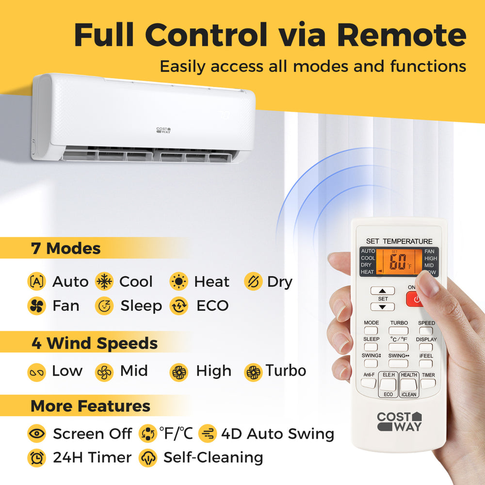 Remote control for Serie Airtural 12000 BTU split air conditioner with 7 modes and 4 wind speeds for year-round comfort.