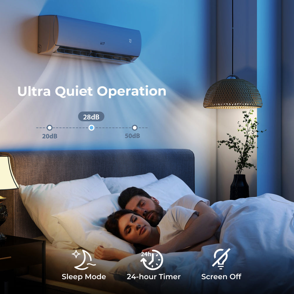 Split air conditioner with ultra-quiet operation, 23000 BTU, ideal for bedrooms, featuring sleep mode and 24-hour timer.