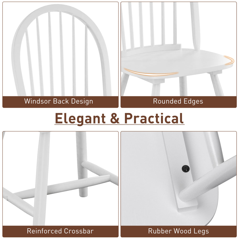 Vintage Windsor wood chair set with spindle back, ergonomic design, and rubberwood legs for dining room comfort.