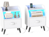 Set of 2 white nightstands with LED lights, power outlets, and foldable fabric drawers for stylish and functional storage.
