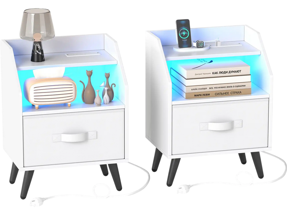 Set of 2 white nightstands with LED lights, power outlets, and foldable fabric drawers for stylish and functional storage.