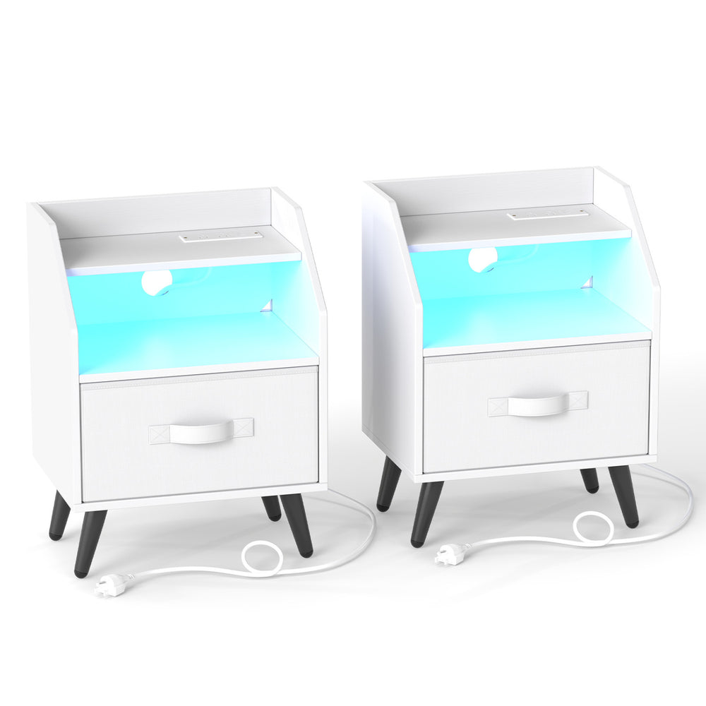 Set of 2 white nightstands with LED lights, power outlets, and foldable drawers for stylish and functional storage.