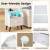Nightstand with LED lights features a foldable drawer, charging station, and cable hole for organized storage in white.