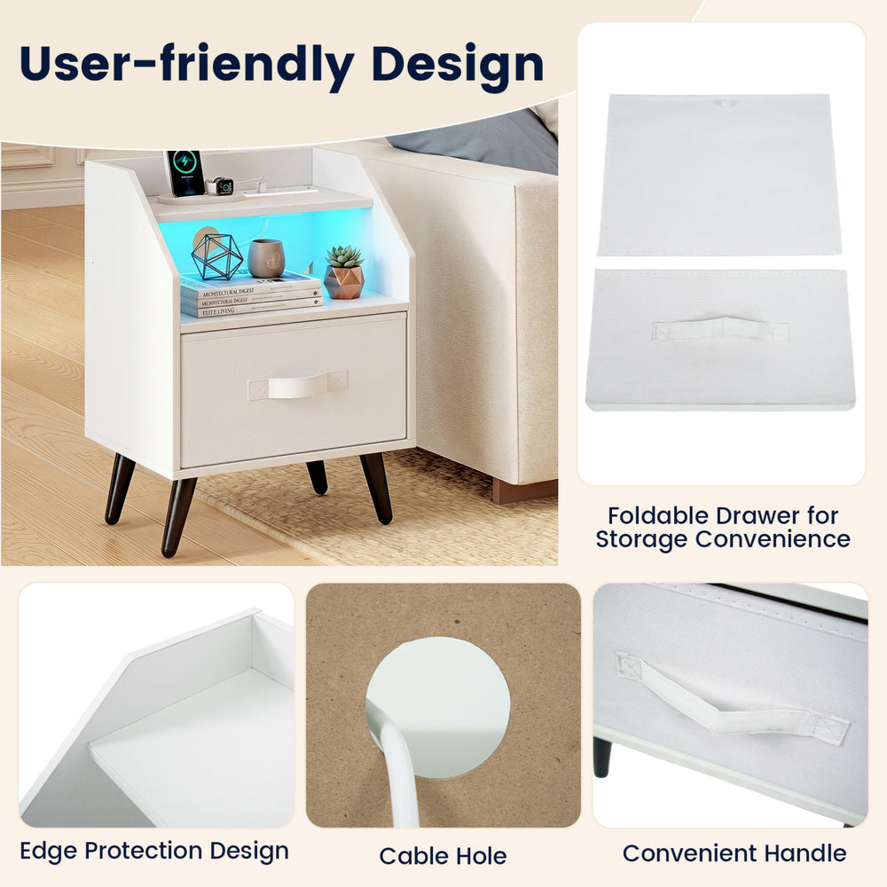 Nightstand with LED lights features a foldable drawer, charging station, and cable hole for organized storage in white.