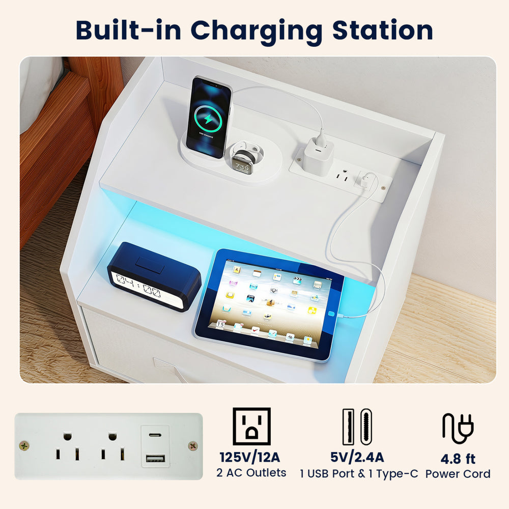 Built-in charging station with 2 AC outlets and USB ports, featuring ambient LED lighting for customizable decor.