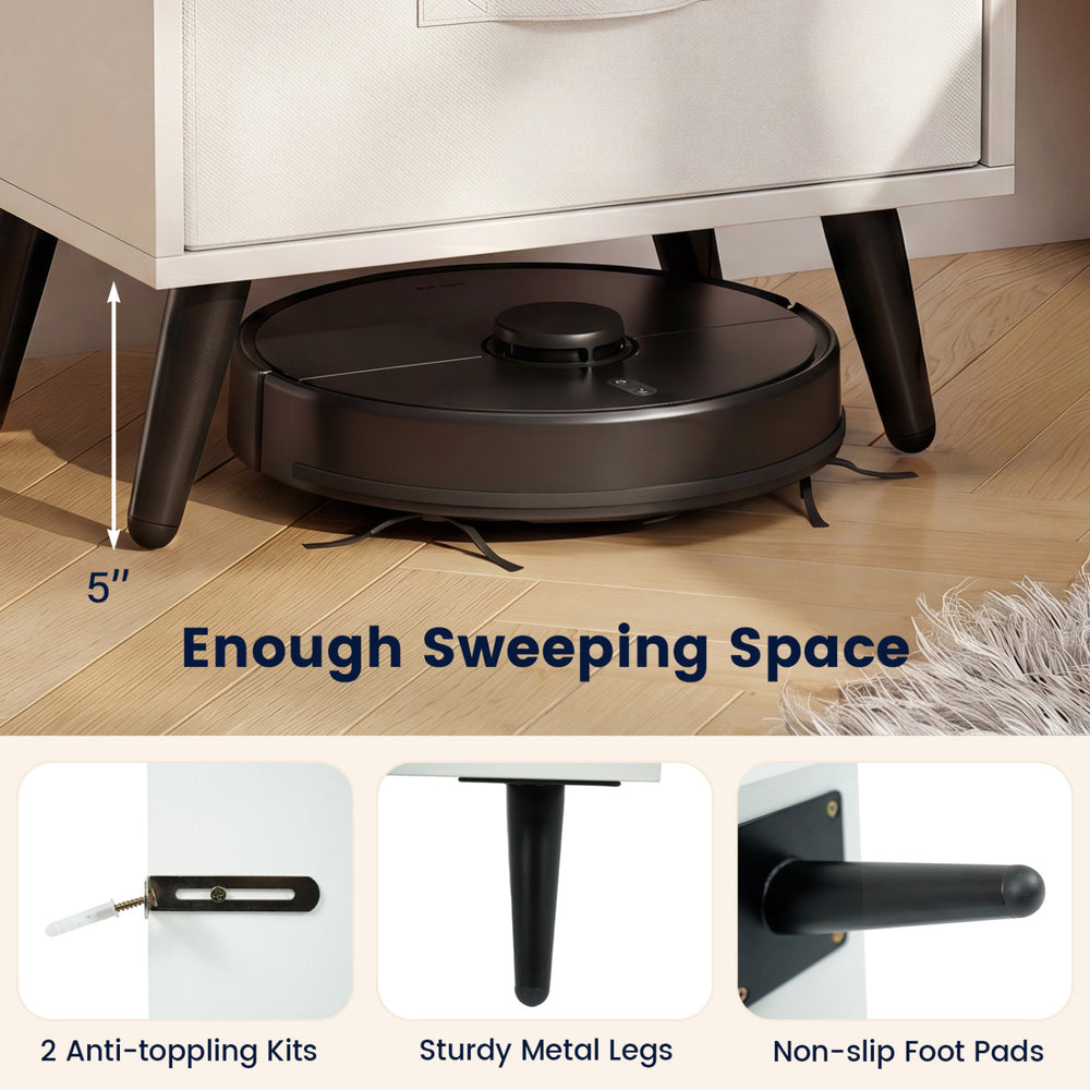 Nightstand with LED lights and power outlets features sturdy metal legs, anti-toppling kits, and ample sweeping space for cleaning.