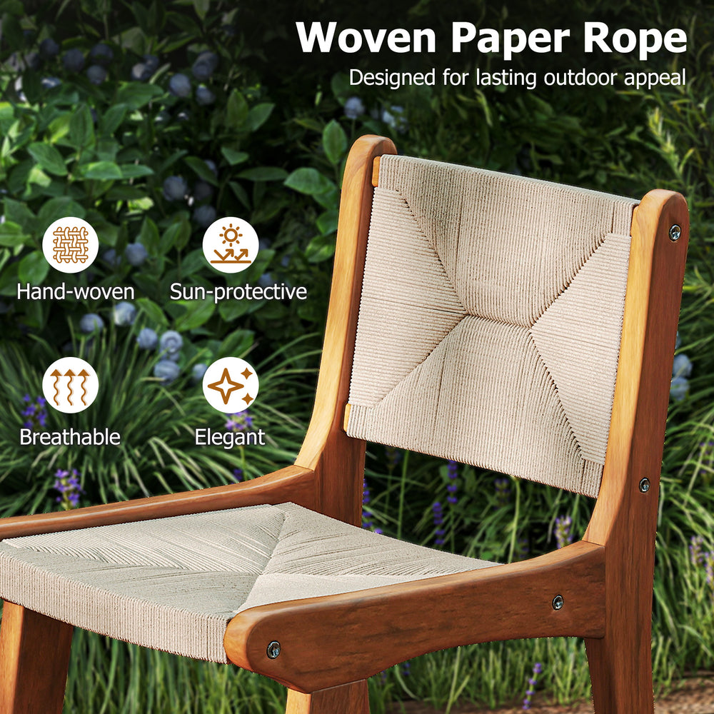 Outdoor counter height bar stool with woven paper rope and teak wood frame, designed for comfort and elegance in.