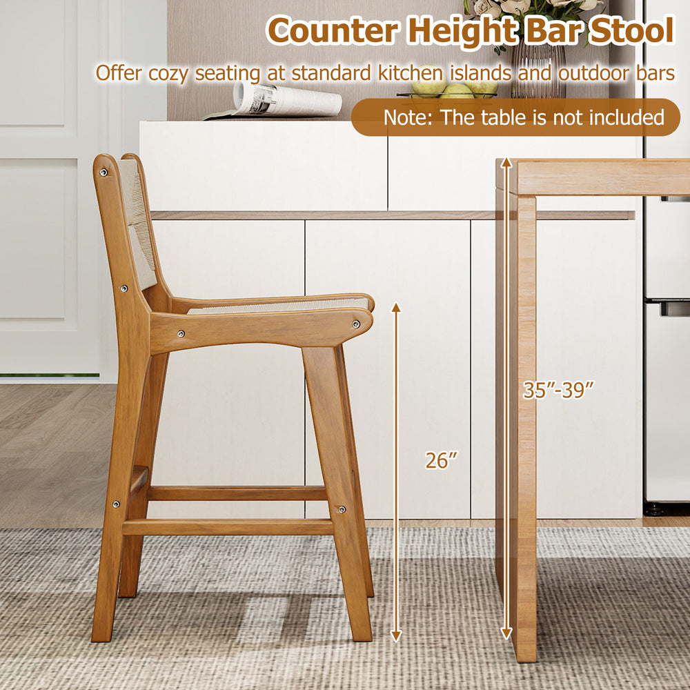 Counter height bar stool with teak wood frame and woven paper rope, designed for outdoor comfort and style.