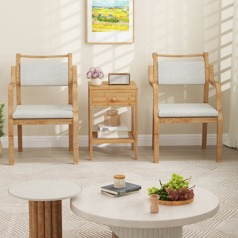 Bamboo nightstand with storage drawer and open shelf, showcasing natural grains for a rustic vibe in a cozy setting.
