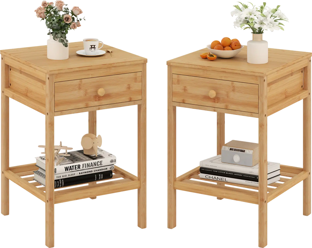 Bamboo nightstand set featuring two tables with storage drawers and open shelves, ideal for bedside organization.