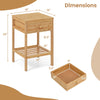 Bamboo nightstand with dimensions, featuring a storage drawer and open shelf for versatile bedside organization.
