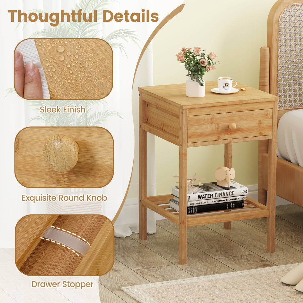 Bamboo nightstand with storage drawer and open shelf, featuring a sleek finish and round knob for easy access.