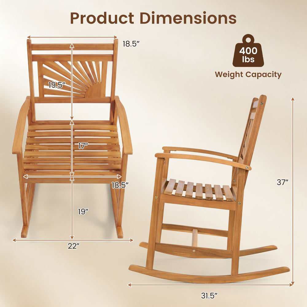Acacia wood patio rocking chair with curved armrests and slatted seat, designed for comfort and relaxation outdoors.