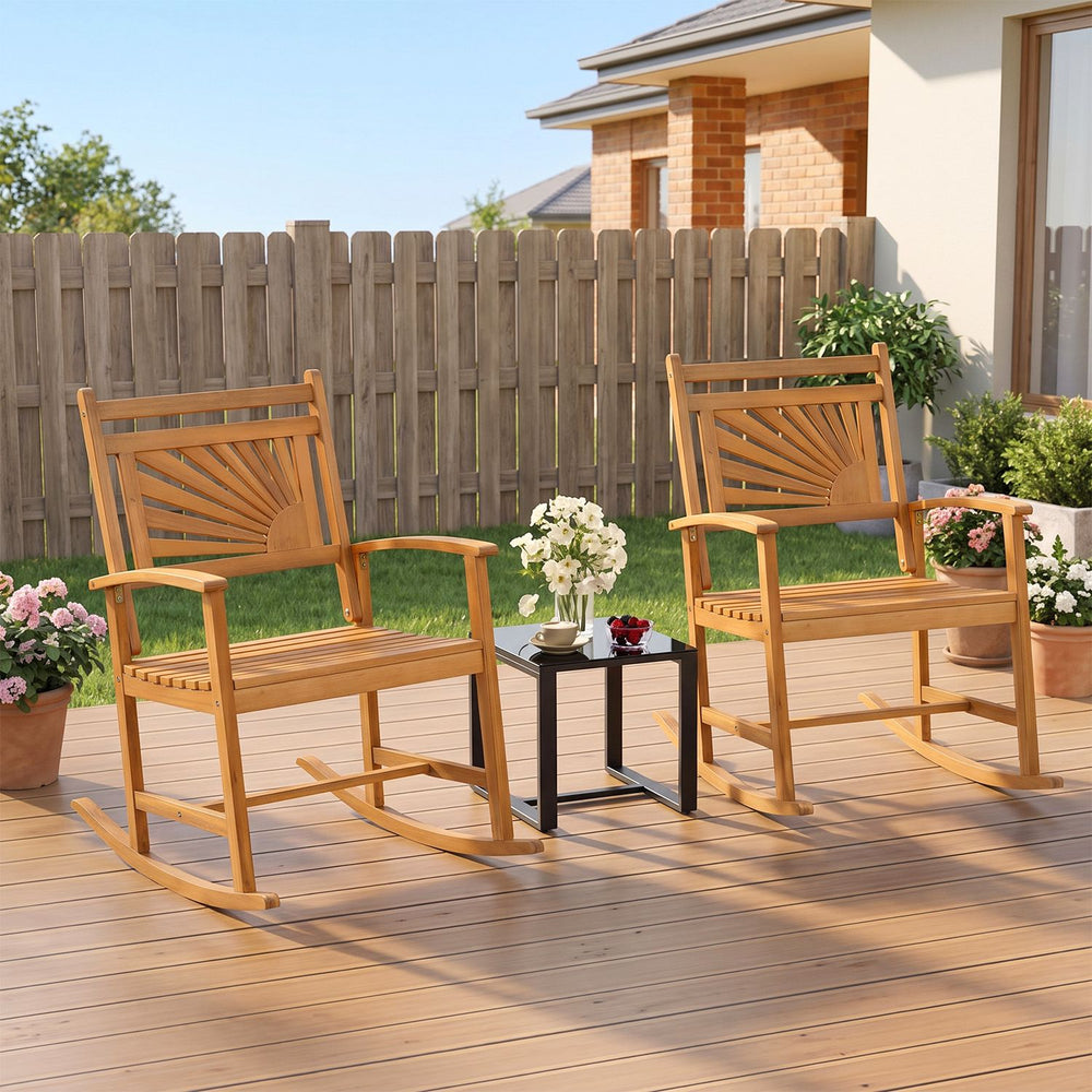 Set of 1 acacia wood patio rocking chair with curved armrests, ideal for relaxing on porches or gardens.