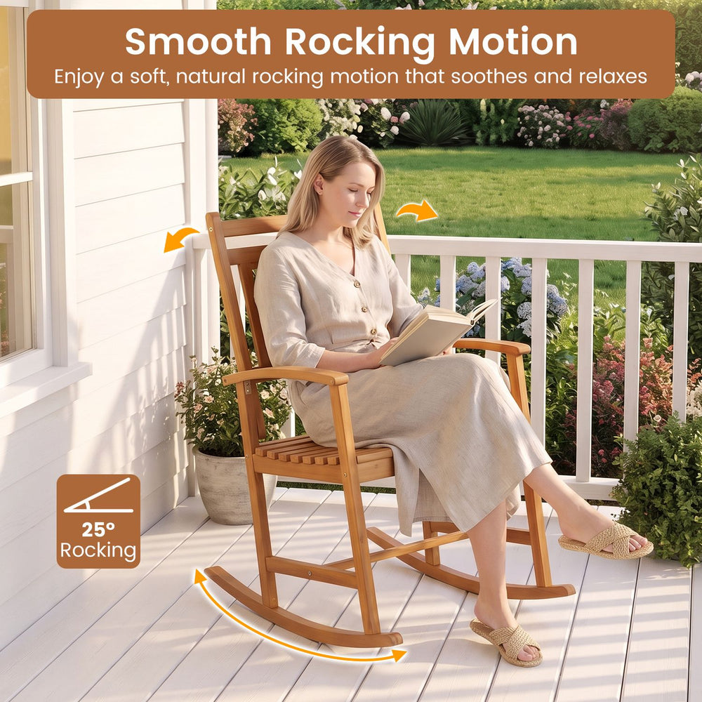 Acacia wood patio rocking chair features a curved rocker base for a smooth rocking motion, perfect for relaxing outdoors.