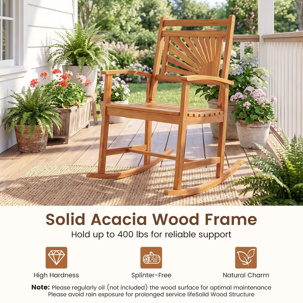 Acacia wood patio rocking chair with curved armrests, supporting up to 400 lbs for comfort and relaxation on your porch.