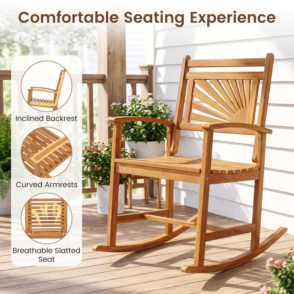 Acacia wood patio rocking chair features a curved armrest, inclined backrest, and breathable slatted seat for outdoor relaxation.