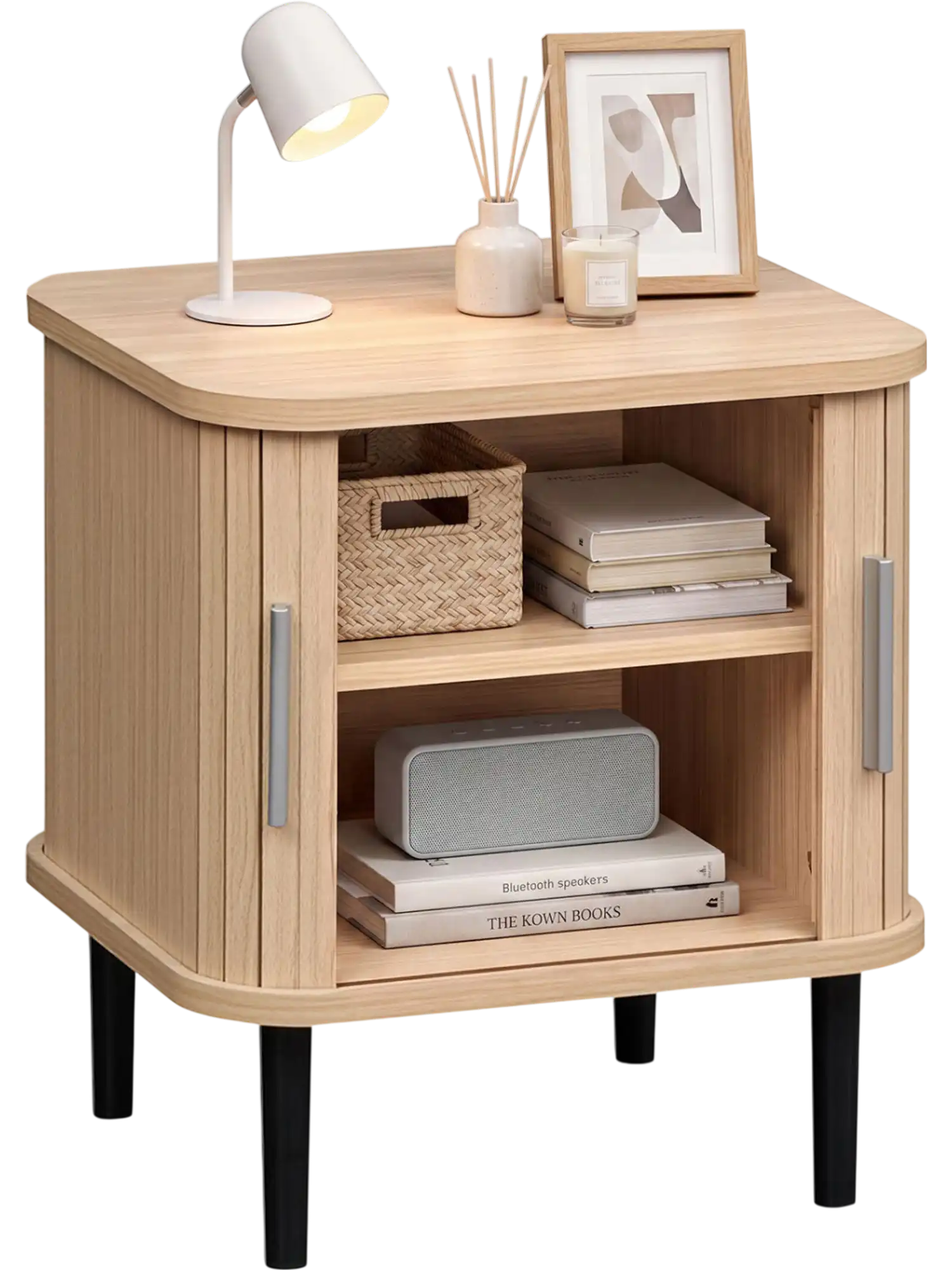 Costway Fluted Nightstand with Sliding Doors Adjustable Shelf 99076896 New