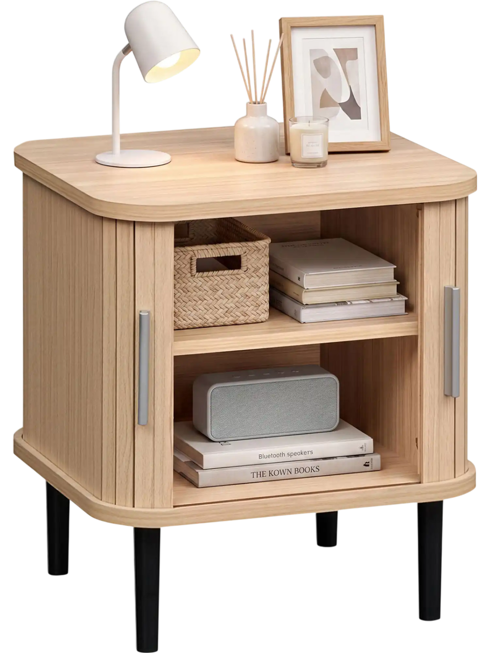 Fluted nightstand with sliding doors, adjustable shelf, and ample storage for small spaces in a natural finish.