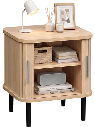 Costway Fluted Nightstand with Sliding Doors Adjustable Shelf 99076896 New