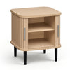 Fluted nightstand with sliding doors and adjustable shelf in natural finish, perfect for small spaces and versatile use.