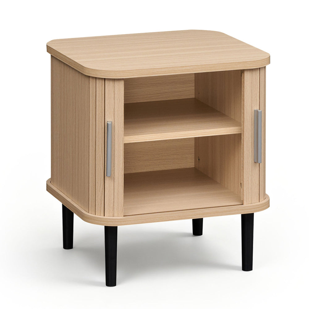 Fluted nightstand with sliding doors and adjustable shelf in natural finish, perfect for small spaces and versatile use.