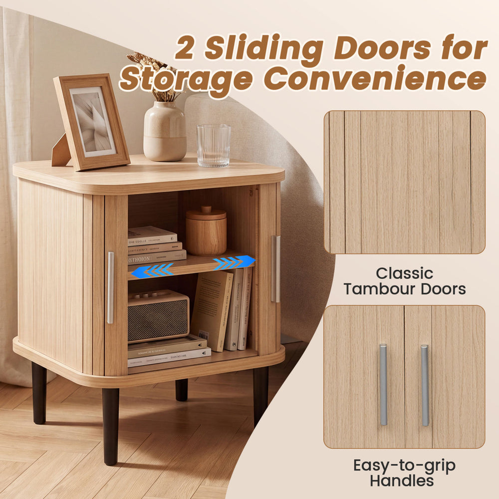 Fluted nightstand with sliding tambour doors, adjustable shelf, and easy-to-grip handles for versatile storage solutions.