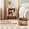 Fluted nightstand with sliding doors, adjustable shelf, and ample storage for cups, lamps, and decorations in natural finish.