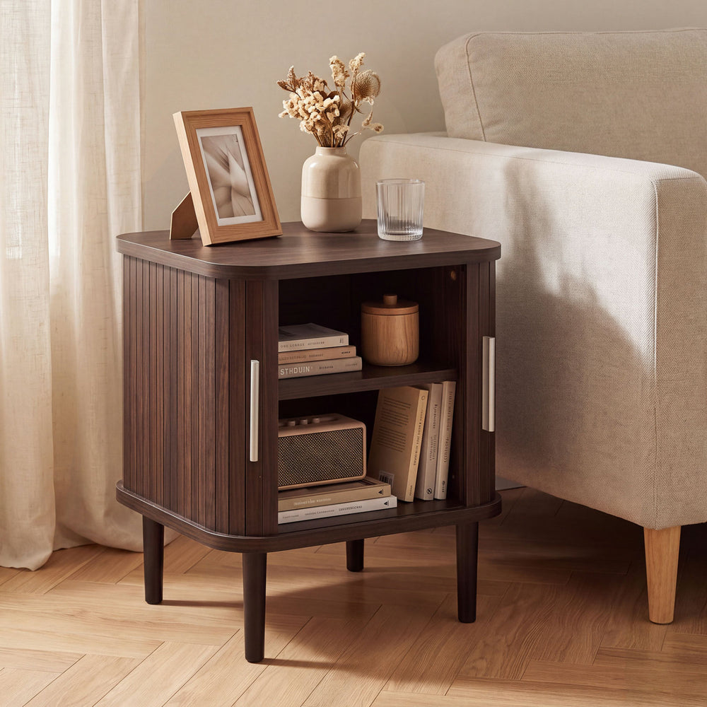 Set of 1 Fluted Nightstand with Sliding Doors and Adjustable Shelf for Small Spaces-Walnut - Gallery View 1 of 8