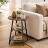 Rustic brown industrial side table with three tiers, perfect for storing snacks and magazines in your living room.