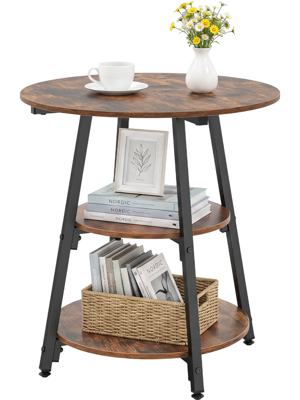 Rustic brown industrial side table with three tiers, featuring a sturdy metal frame and adjustable foot pads for stability.
