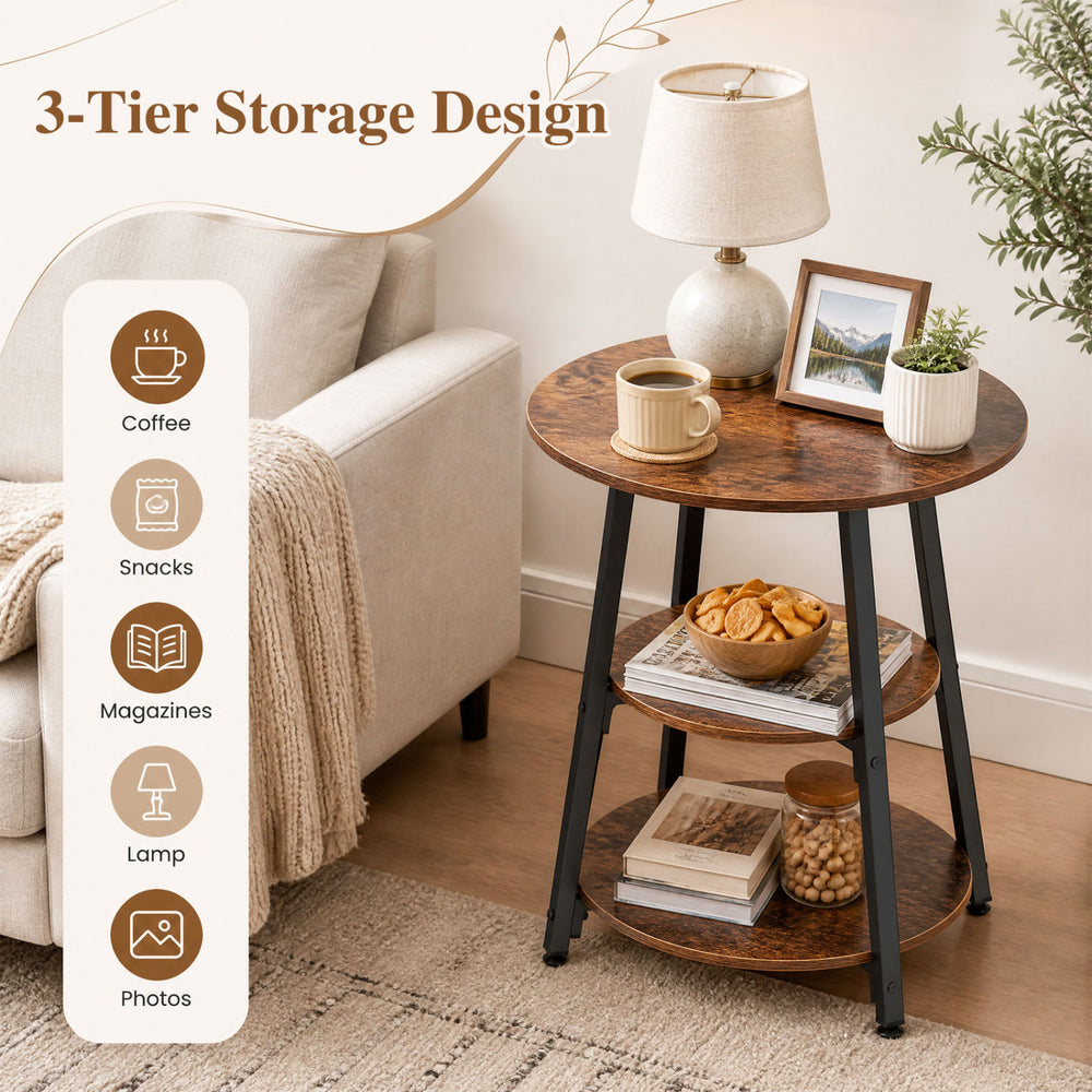Industrial side table in rustic brown featuring a 3-tier storage design for coffee, snacks, and magazines in any room.