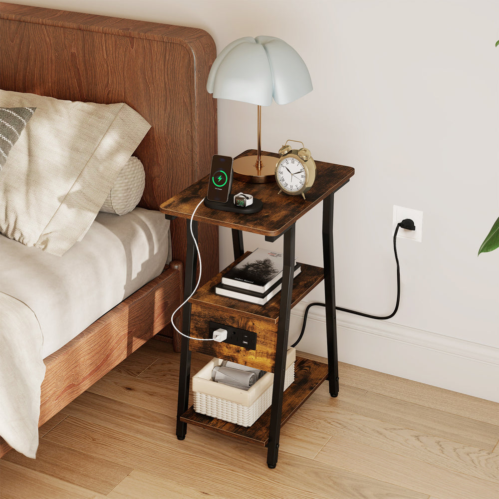 Industrial side table in rustic brown showcasing a slim design and 3-tier shelves, perfect for small spaces and easy maintenance.