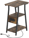 Rustic brown industrial side table featuring a charging station, 3-tier shelves, and a sturdy metal frame for small spaces.