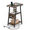 Industrial side table in rustic brown with charging station, 3-tier shelves, and a robust metal frame for small spaces.