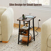 Industrial side table in rustic brown with charging station, 3-tier shelves, and slim design for small spaces.