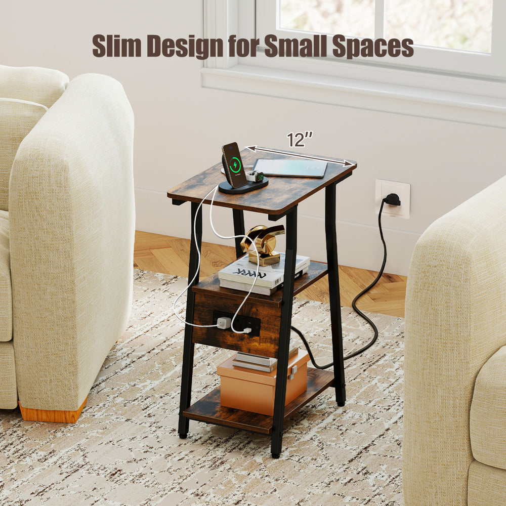 Industrial side table in rustic brown with charging station, 3-tier shelves, and slim design for small spaces.