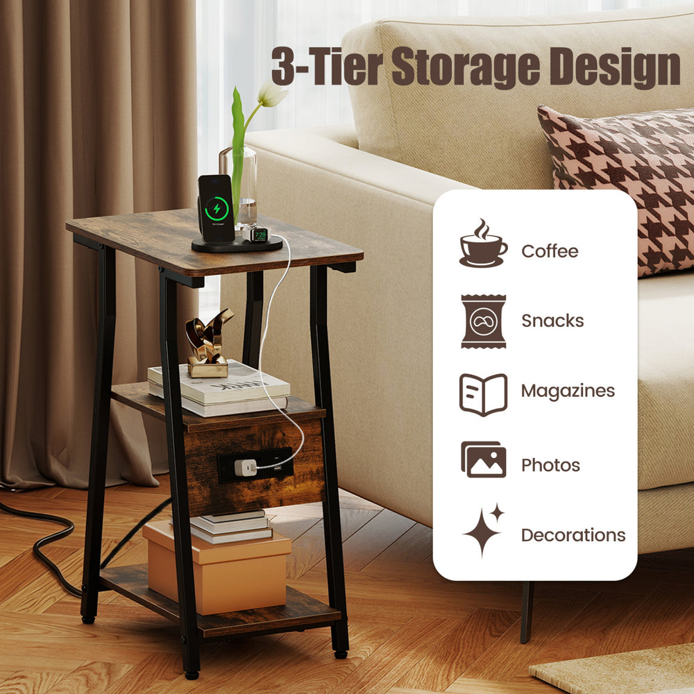 Industrial side table in rustic brown with 3-tier shelves and integrated charging station for small spaces.