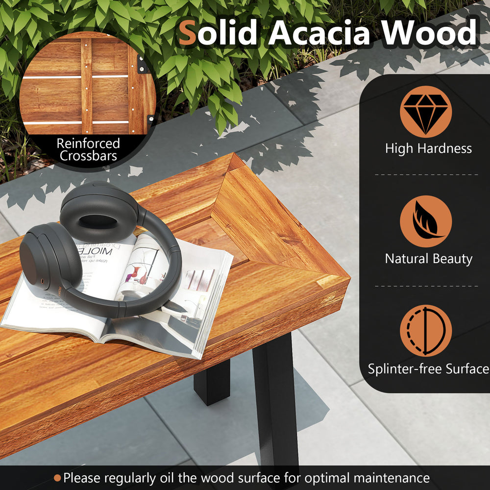 Backless outdoor acacia wood bench with metal frame, seating for 2-3 people, featuring a natural finish and.