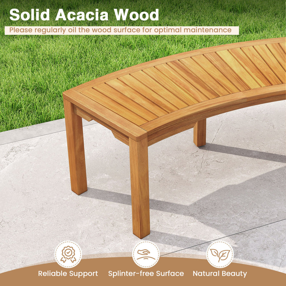 Curved acacia wood outdoor bench for 2, featuring a splinter-free surface and elegant design, perfect for patios and.