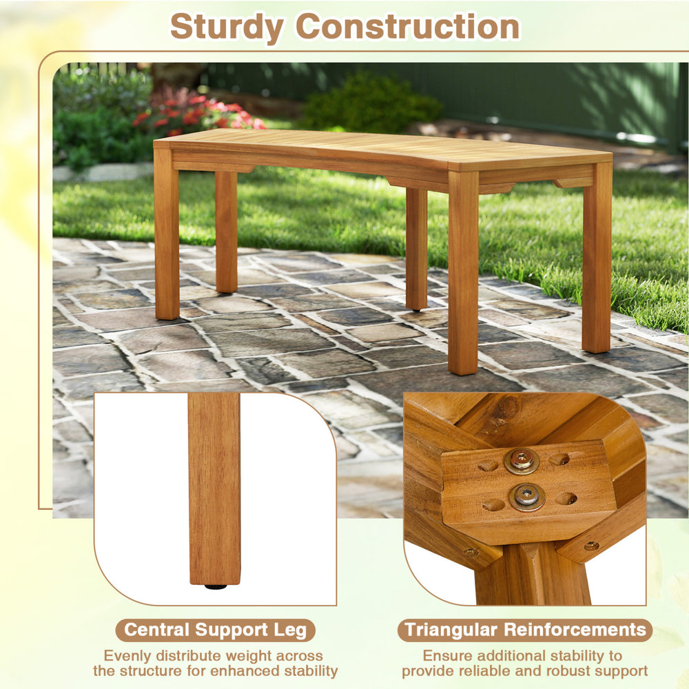 Curved acacia wood outdoor bench for 2, featuring sturdy construction and central support leg for enhanced stability.