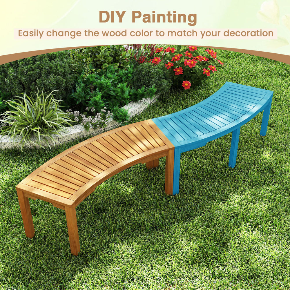 Curved acacia wood outdoor bench for 2, featuring a smooth surface and DIY painting option for personalized decor.
