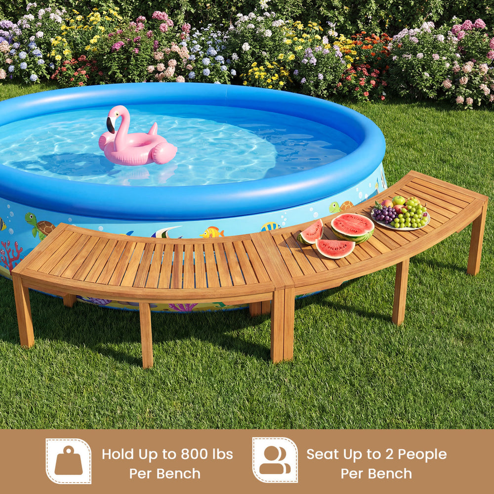 Curved acacia wood outdoor bench for 2 people, holding up to 800 lbs, perfect for garden or patio relaxation.