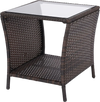 Outdoor wicker side table with tempered glass top and lower storage shelf, perfect for patios and balconies.