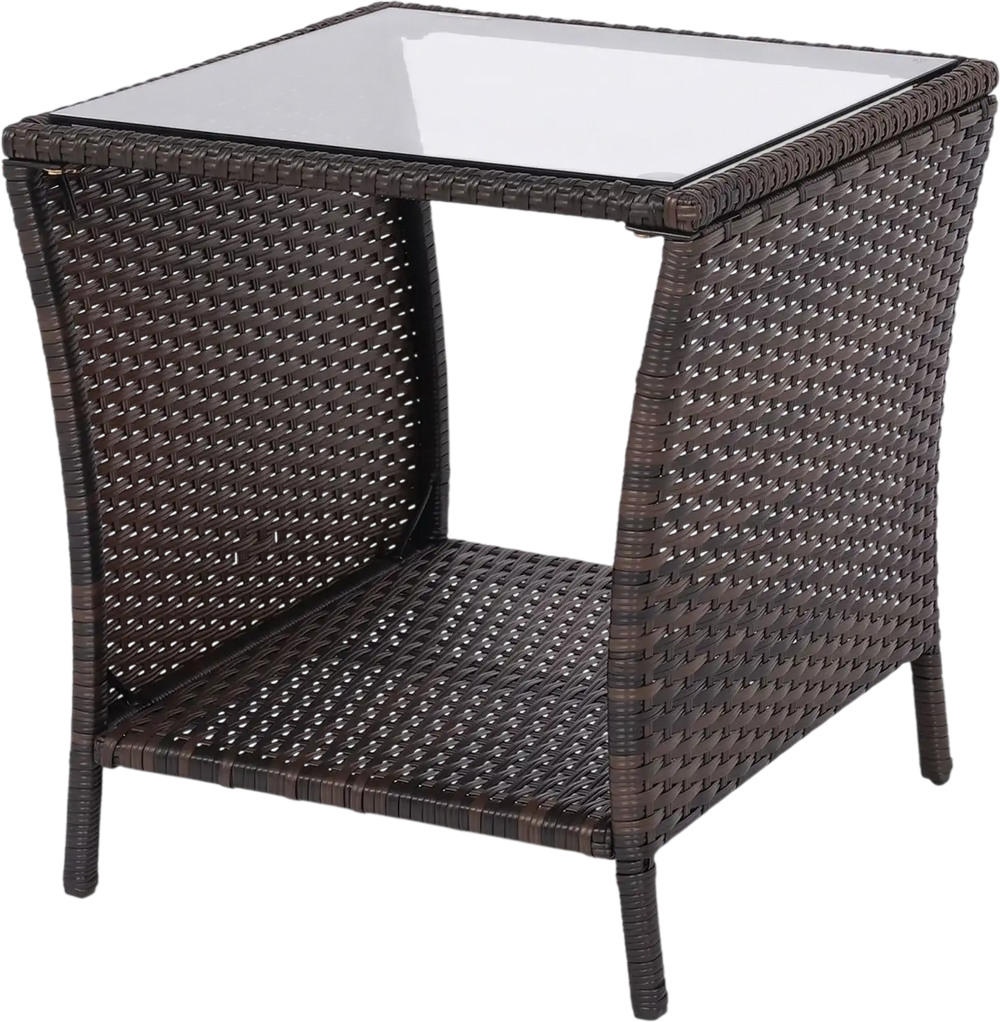Outdoor wicker side table with tempered glass top and lower storage shelf, perfect for patios and balconies.