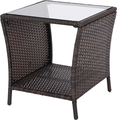 Costway Outdoor Wicker Side Table Tempered Glass Top Storage Shelf 98896594 New