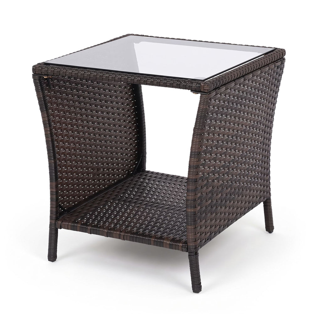 Set of 1 Outdoor Wicker Side Table with Tempered Glass Top and Storage Shelf - Gallery View 1 of 1
