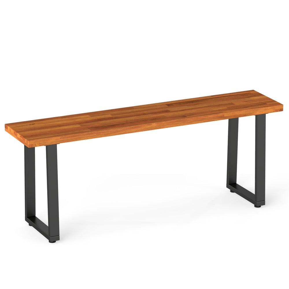 Wood patio bench with solid acacia wood top and U-shaped metal legs, ideal for entryway or poolside seating.